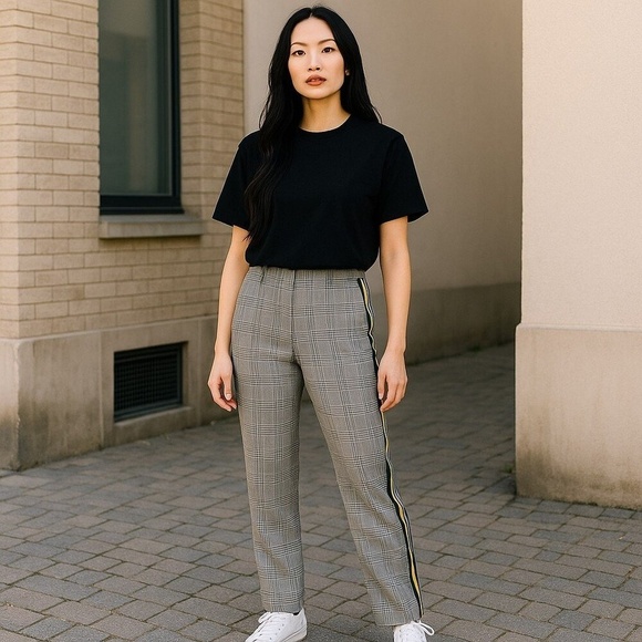 Zara Gray Plaid Slim-Fit Pants w/Yellow & Green Stripes & Cuffed Hem Size S - Picture 1 of 6